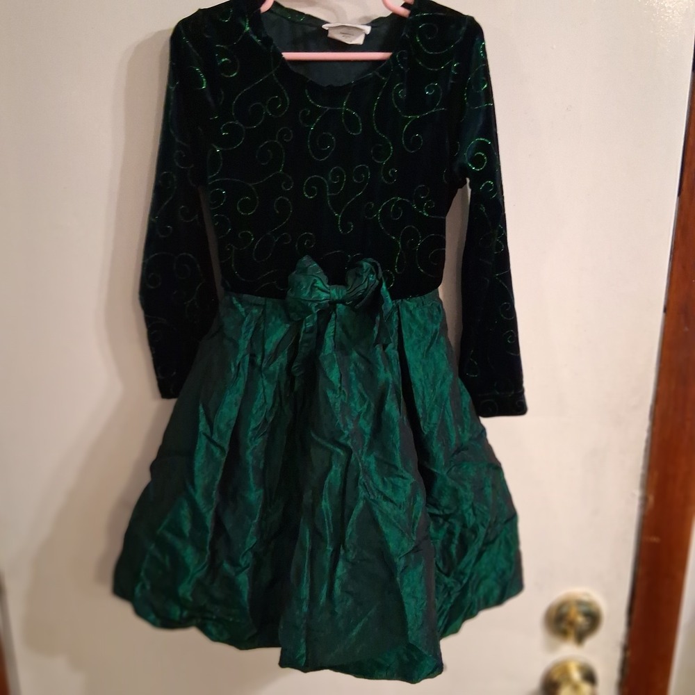 Vintage Girls Emerald Green Velvet Taffeta Glitter Swirl Dress 90s Wicked 6‎